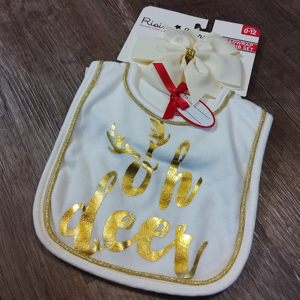 Rising Star Baby Holiday Bib & Hair Bow Gift Set NWT